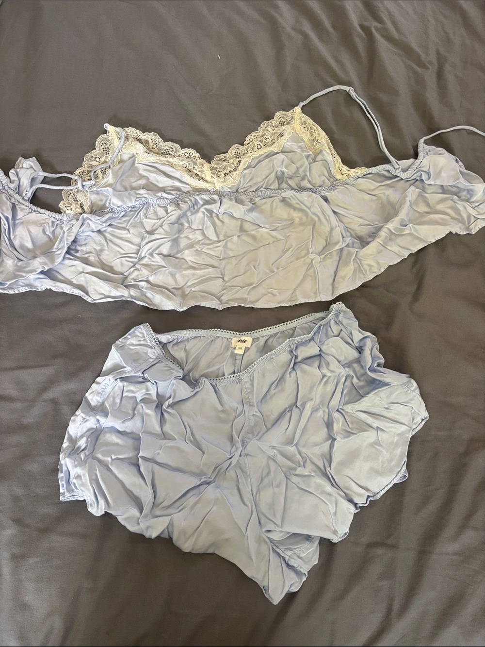 aerie Pale Blue Satin Cami & Shorts Set with Cream Lace Trim